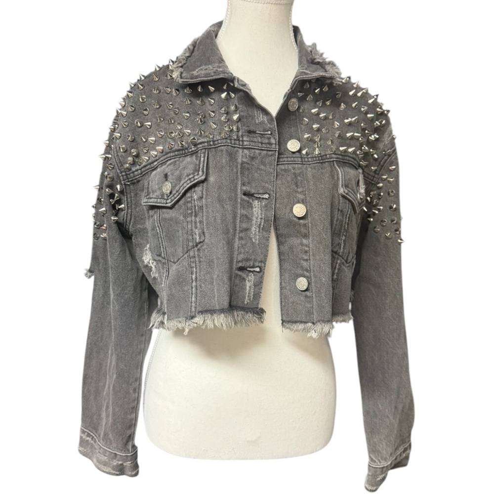 Azalea Wang distressed spiked black-grey denim jacket NWOT sz Large